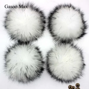 5 grands pompons en fourrure de raton laveur DIY – rouge, noir et blanc, 14–15 cm